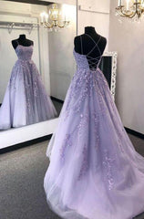 Lavender Backless Tulle Lace Long Prom Dresses